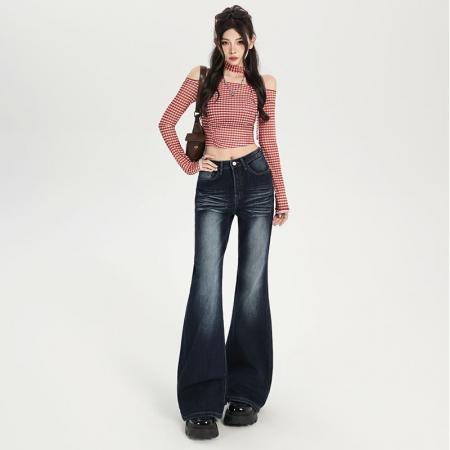 FA45283# 秋季新款美式深蓝不贴腿高腰微喇牛仔裤女弹力辣妹直筒喇叭裤 服裝批發女裝批發服飾貨源