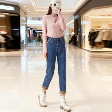 FA45285# 梨型身材松紧腰牛仔裤女秋冬宽松显瘦加绒加厚哈伦老爹裤 服裝批發女裝批發服飾貨源