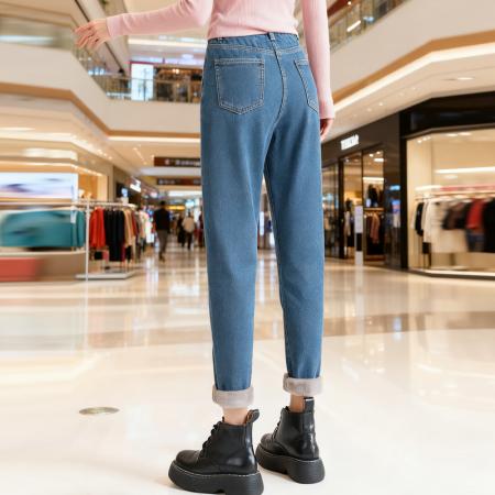 FA45285# 梨型身材松紧腰牛仔裤女秋冬宽松显瘦加绒加厚哈伦老爹裤 服裝批發女裝批發服飾貨源