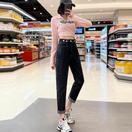 FA45285# 梨型身材松紧腰牛仔裤女秋冬宽松显瘦加绒加厚哈伦老爹裤 服裝批發女裝批發服飾貨源