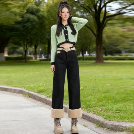 FA45286# 秋冬热卖新品加绒加厚无弹直筒裤九分配腰带牛仔裤女 服裝批發女裝批發服飾貨源