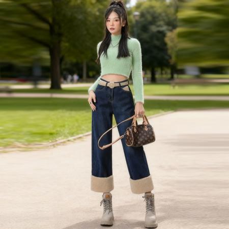 FA45286# 秋冬热卖新品加绒加厚无弹直筒裤九分配腰带牛仔裤女 服裝批發女裝批發服飾貨源