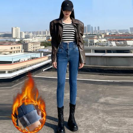 FA45287# 秋冬热卖蜜桃臀高腰修身小脚设计感显瘦铅笔裤牛仔裤加绒 服裝批發女裝批發服飾貨源