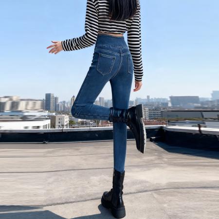 FA45287# 秋冬热卖蜜桃臀高腰修身小脚设计感显瘦铅笔裤牛仔裤加绒 服裝批發女裝批發服飾貨源