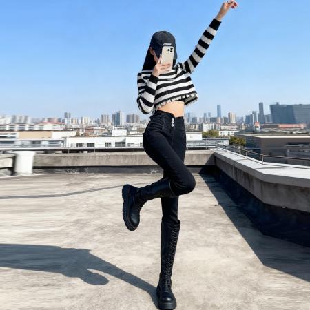 FA45287# 秋冬热卖蜜桃臀高腰修身小脚设计感显瘦铅笔裤牛仔裤加绒 服裝批發女裝批發服飾貨源