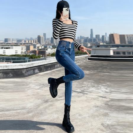 FA45287# 秋冬热卖蜜桃臀高腰修身小脚设计感显瘦铅笔裤牛仔裤加绒 服裝批發女裝批發服飾貨源