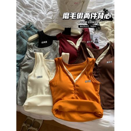 FA45289# 假两件磨毛吊带背心内搭带胸垫修身显瘦百搭打底衫上衣 服裝批發女裝批發服飾貨源