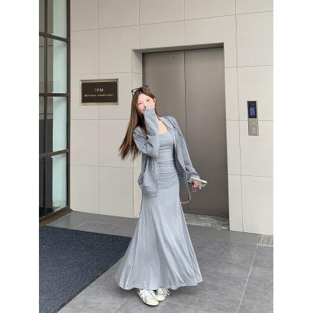 FA45291# 设计感波点连帽卫衣灰色吊带连衣裙两件套装 服裝批發女裝批發服飾貨源