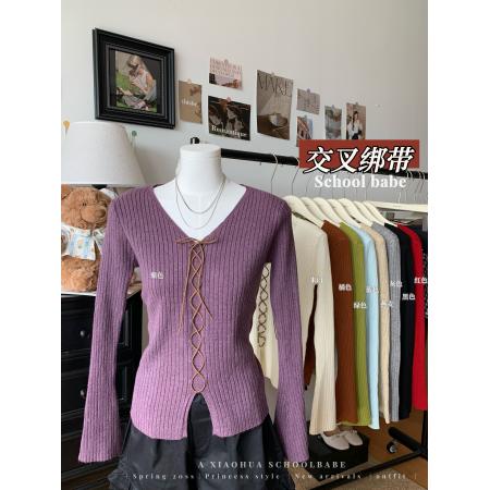 FA45292# 设计感交叉绑带v领针织衫女韩版下摆开衩修身打底衫上衣 服裝批發女裝批發服飾貨源