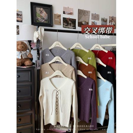 FA45292# 设计感交叉绑带v领针织衫女韩版下摆开衩修身打底衫上衣 服裝批發女裝批發服飾貨源