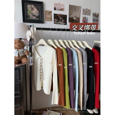 FA45292# 设计感交叉绑带v领针织衫女韩版下摆开衩修身打底衫上衣 服裝批發女裝批發服飾貨源