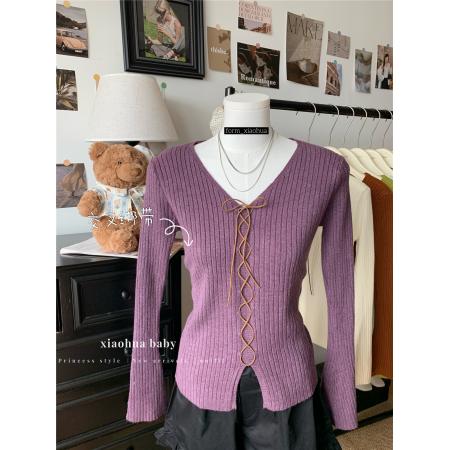 FA45292# 设计感交叉绑带v领针织衫女韩版下摆开衩修身打底衫上衣 服裝批發女裝批發服飾貨源