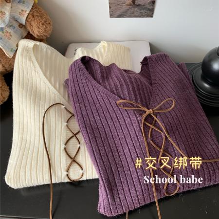 FA45292# 设计感交叉绑带v领针织衫女韩版下摆开衩修身打底衫上衣 服裝批發女裝批發服飾貨源