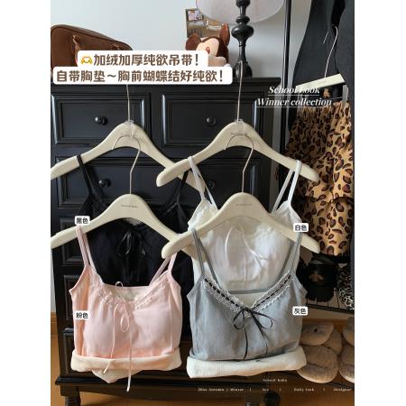 FA45295# 加绒加厚纯欲蕾丝花边抹胸背心甜辣妹蝴蝶结修身吊带美背 服裝批發女裝批發服飾貨源