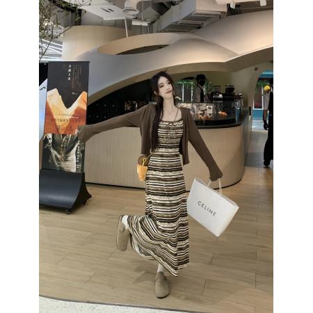 FA45298# 法式复古条纹吊带连衣裙两件套早秋时尚气质显瘦开衫套装 服裝批發女裝批發服飾貨源