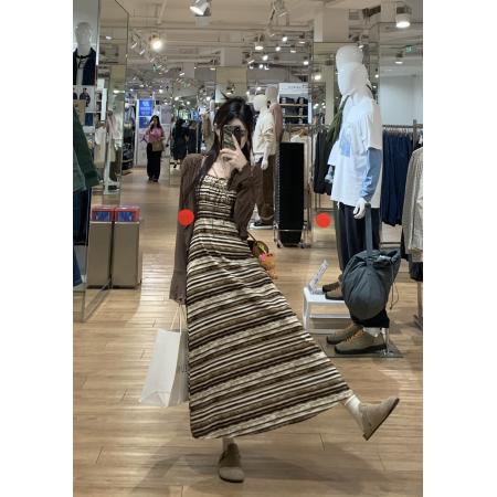 FA45298# 法式复古条纹吊带连衣裙两件套早秋时尚气质显瘦开衫套装 服裝批發女裝批發服飾貨源