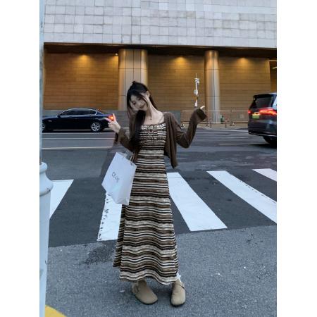 FA45298# 法式复古条纹吊带连衣裙两件套早秋时尚气质显瘦开衫套装 服裝批發女裝批發服飾貨源