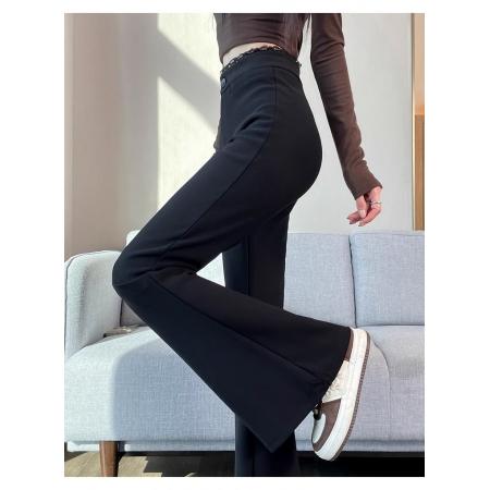 FA45307# 黑色蕾丝拼接花边微喇西装裤女春季新款小个子高腰显瘦拖地裤 服裝批發女裝批發服飾貨源