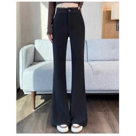 FA45307# 黑色蕾丝拼接花边微喇西装裤女春季新款小个子高腰显瘦拖地裤 服裝批發女裝批發服飾貨源