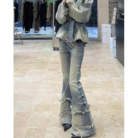 FA45308# 美式复古小众微喇牛仔裤女秋季高腰修身流苏毛边拖地喇叭裤子 服裝批發女裝批發服飾貨源