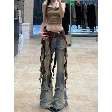 FA45308# 美式复古小众微喇牛仔裤女秋季高腰修身流苏毛边拖地喇叭裤子 服裝批發女裝批發服飾貨源