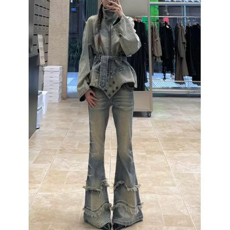 FA45308# 美式复古小众微喇牛仔裤女秋季高腰修身流苏毛边拖地喇叭裤子 服裝批發女裝批發服飾貨源