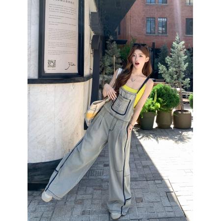 FA45310# 地球店美式复古水洗牛仔背带裤女秋季设计感宽松休闲工装直筒裤 服裝批發女裝批發服飾貨源