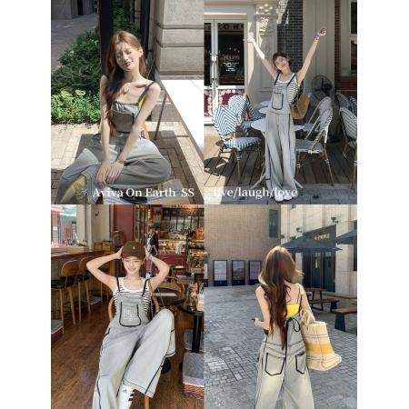 FA45310# 地球店美式复古水洗牛仔背带裤女秋季设计感宽松休闲工装直筒裤 服裝批發女裝批發服飾貨源