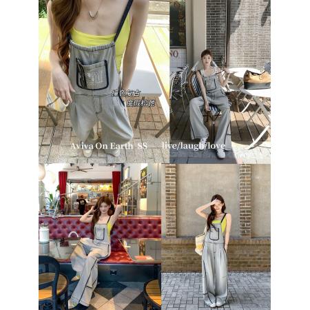 FA45310# 地球店美式复古水洗牛仔背带裤女秋季设计感宽松休闲工装直筒裤 服裝批發女裝批發服飾貨源