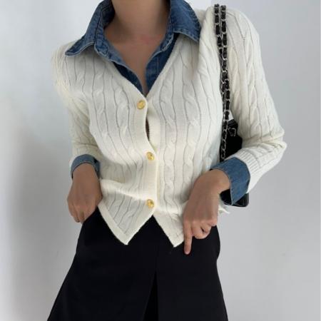 FA45311# 秋季韩版牛仔翻领拼接假两件长袖麻花针织衫女气质百搭毛衣 服裝批發女裝批發服飾貨源