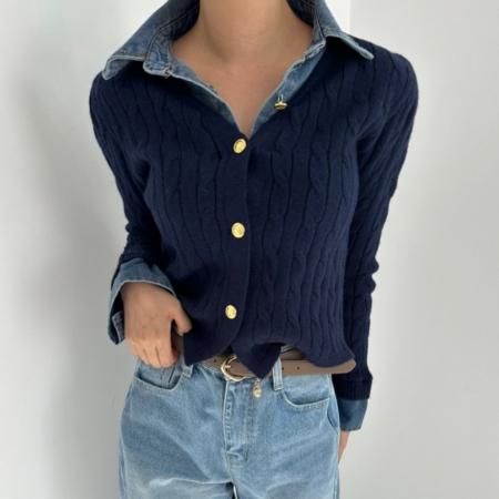 FA45311# 秋季韩版牛仔翻领拼接假两件长袖麻花针织衫女气质百搭毛衣 服裝批發女裝批發服飾貨源