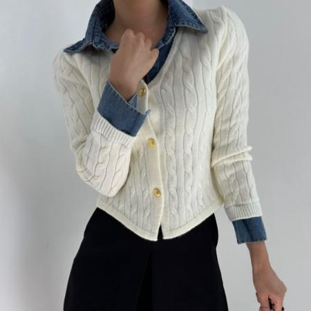 FA45311# 秋季韩版牛仔翻领拼接假两件长袖麻花针织衫女气质百搭毛衣 服裝批發女裝批發服飾貨源