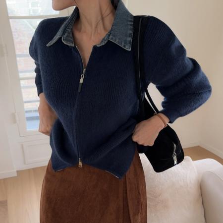 FA45313# 秋冬韩国新款双拉链牛仔拼接翻领毛衣针织弹力显瘦时尚开襟衫外套 服裝批發女裝批發服飾貨源