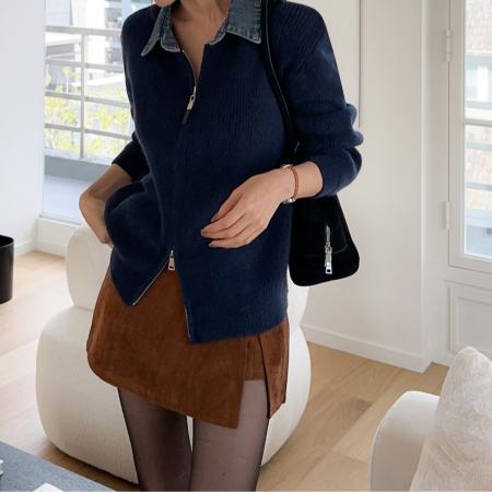 FA45313# 秋冬韩国新款双拉链牛仔拼接翻领毛衣针织弹力显瘦时尚开襟衫外套 服裝批發女裝批發服飾貨源