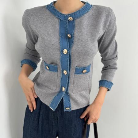 FA45314# 韩国秋冬新品牛仔拼色金色纽扣小香风针织开衫外套女 服裝批發女裝批發服飾貨源