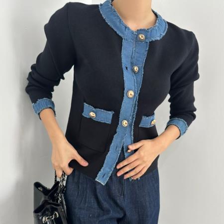 FA45314# 韩国秋冬新品牛仔拼色金色纽扣小香风针织开衫外套女 服裝批發女裝批發服飾貨源