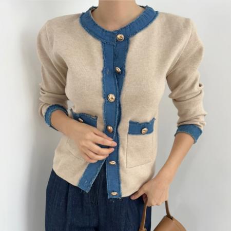 FA45314# 韩国秋冬新品牛仔拼色金色纽扣小香风针织开衫外套女 服裝批發女裝批發服飾貨源