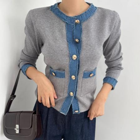 FA45314# 韩国秋冬新品牛仔拼色金色纽扣小香风针织开衫外套女 服裝批發女裝批發服飾貨源