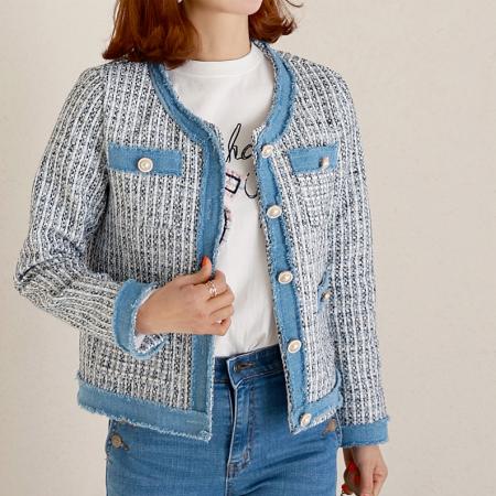 FA45315# 秋装新款韩国东大门小香风粗花呢珍珠扣格纹牛仔拼色长袖短外套女 服裝批發女裝批發服飾貨源