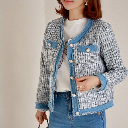 FA45315# 秋装新款韩国东大门小香风粗花呢珍珠扣格纹牛仔拼色长袖短外套女 服裝批發女裝批發服飾貨源