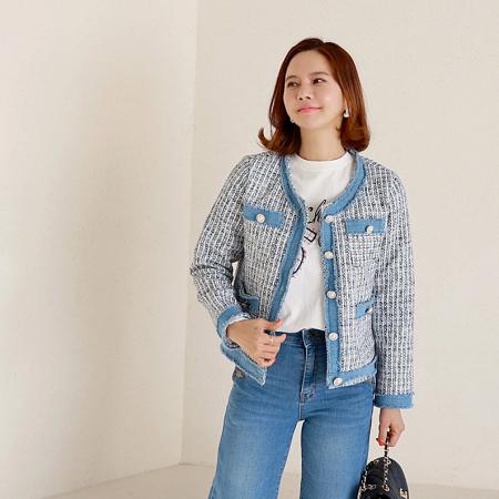 FA45315# 秋装新款韩国东大门小香风粗花呢珍珠扣格纹牛仔拼色长袖短外套女 服裝批發女裝批發服飾貨源
