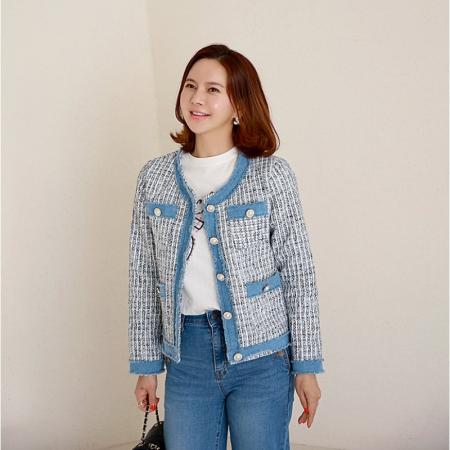 FA45315# 秋装新款韩国东大门小香风粗花呢珍珠扣格纹牛仔拼色长袖短外套女 服裝批發女裝批發服飾貨源