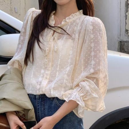 FA45317# 秋季韩东大门法式木耳花边领系带长袖蕾丝衬衫搭配吊带上衣女 服裝批發女裝批發服飾貨源