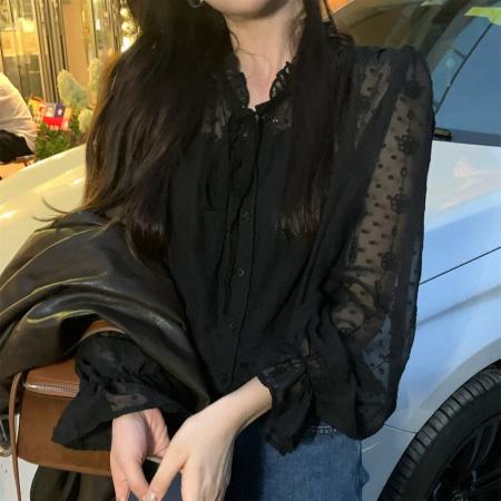 FA45317# 秋季韩东大门法式木耳花边领系带长袖蕾丝衬衫搭配吊带上衣女 服裝批發女裝批發服飾貨源