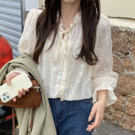 FA45317# 秋季韩东大门法式木耳花边领系带长袖蕾丝衬衫搭配吊带上衣女 服裝批發女裝批發服飾貨源
