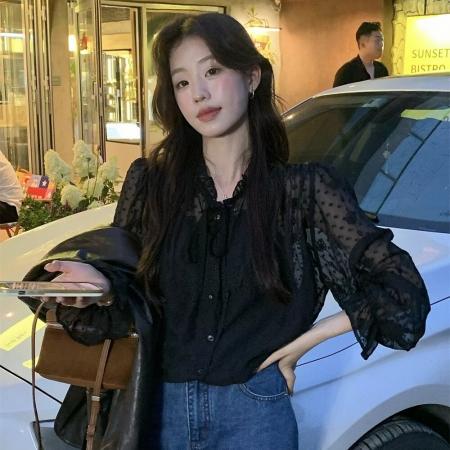 FA45317# 秋季韩东大门法式木耳花边领系带长袖蕾丝衬衫搭配吊带上衣女 服裝批發女裝批發服飾貨源