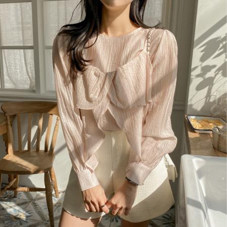 FA45320# 秋季新款韩东大门圆领长袖衬衫搭配花瓣边吊带背心两件套女 服裝批發女裝批發服飾貨源