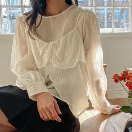 FA45320# 秋季新款韩东大门圆领长袖衬衫搭配花瓣边吊带背心两件套女 服裝批發女裝批發服飾貨源