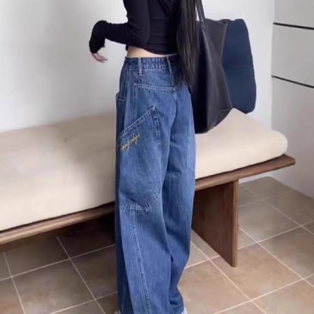 FA45330# 大码微胖辣妹廓形弯刀设计感阔腿牛仔裤女秋季水洗宽松显瘦拖地裤 服裝批發女裝批發服飾貨源