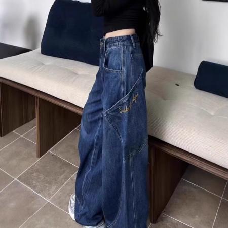 FA45330# 大码微胖辣妹廓形弯刀设计感阔腿牛仔裤女秋季水洗宽松显瘦拖地裤 服裝批發女裝批發服飾貨源